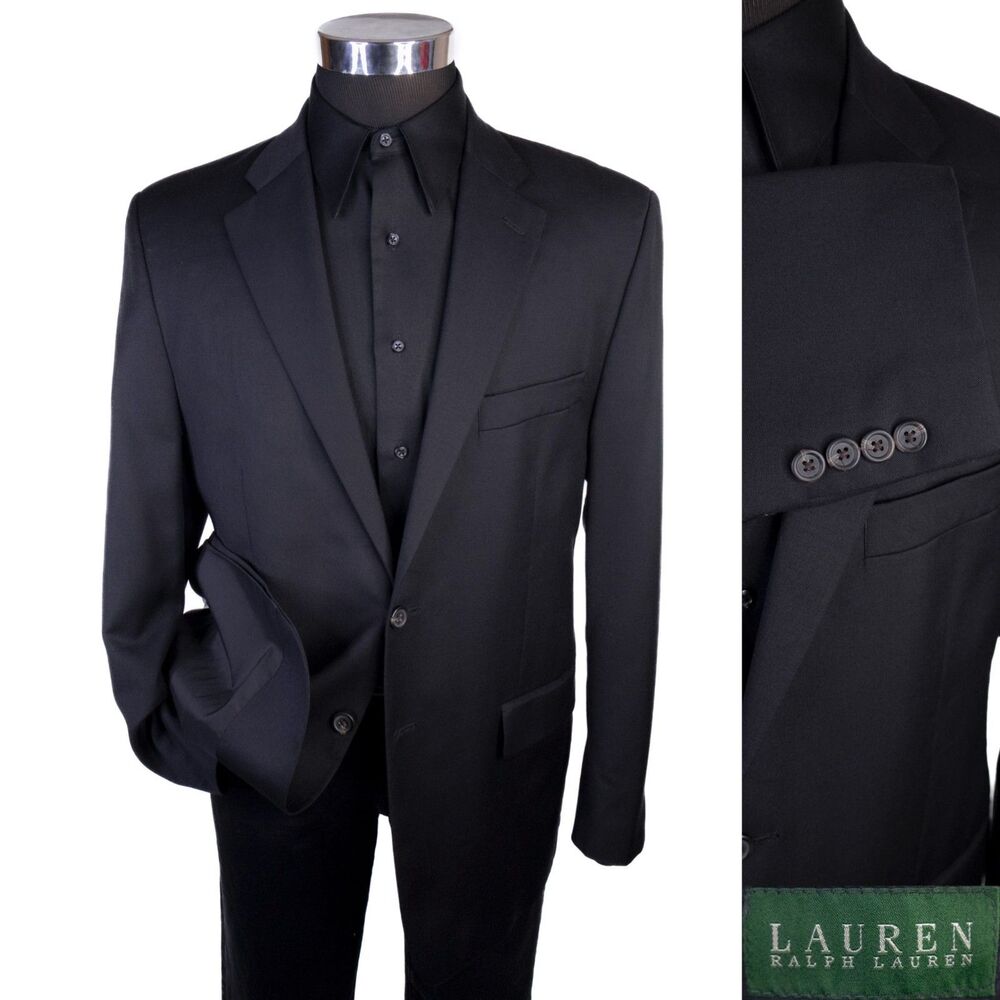 Ralph Lauren Solid Black Suit Jacket Sport Coat Blazer Two Button Sz 42R Wool